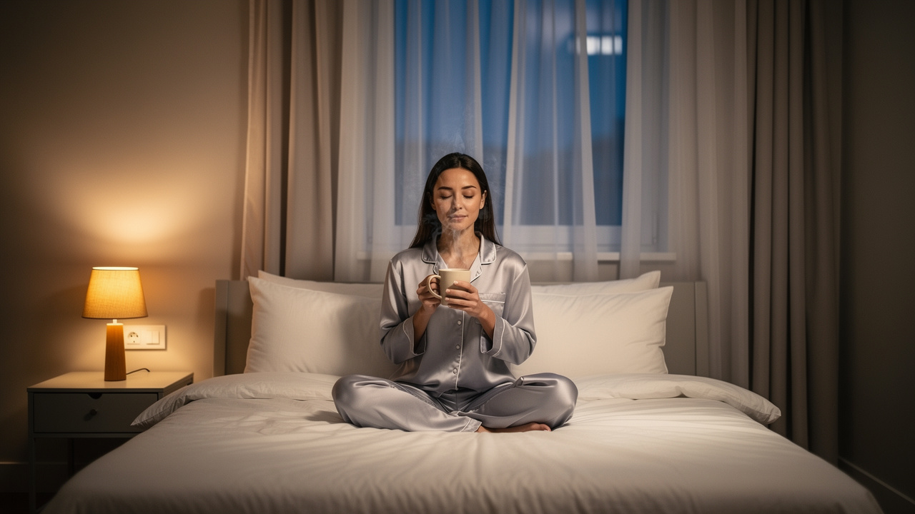 Woman practicing evening relaxation ritual for better sleep