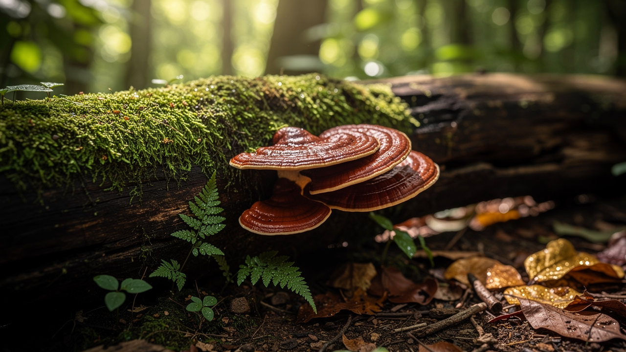 Wild reishi mushrooms growing in natural forest environment