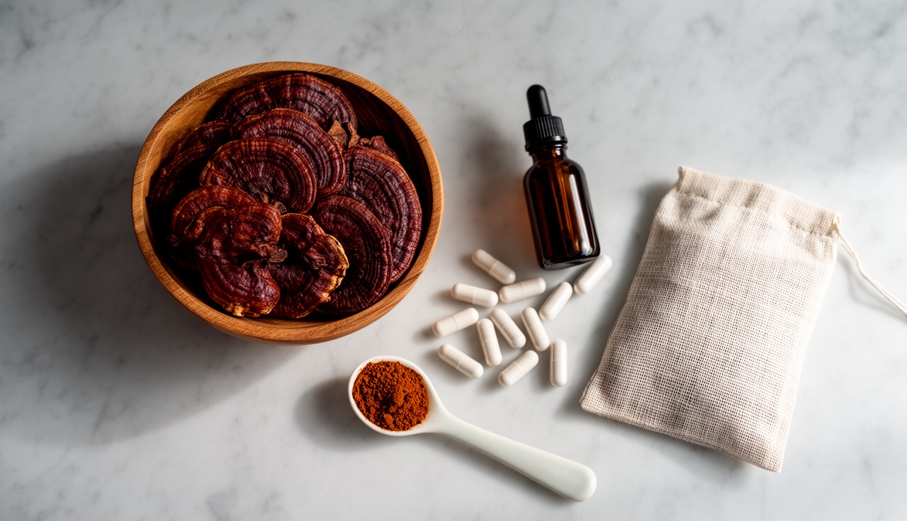 Different forms of reishi mushroom supplements and extracts