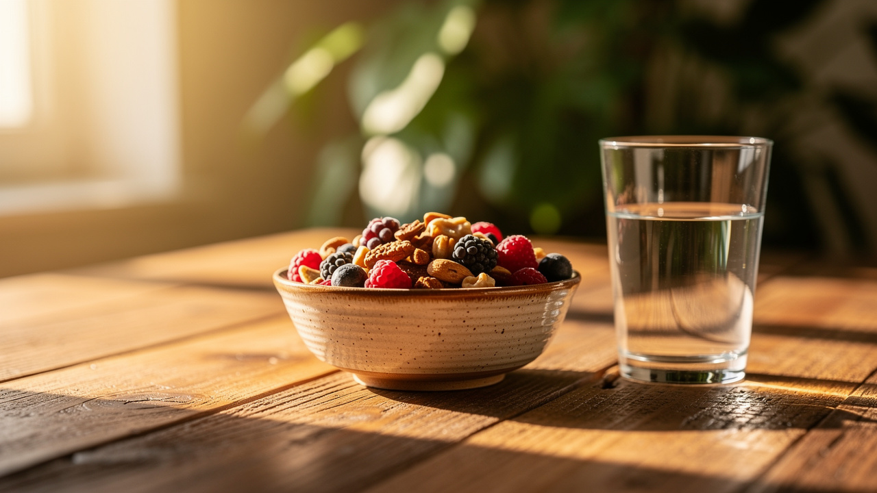 Healthy morning routine with supplements and breakfast