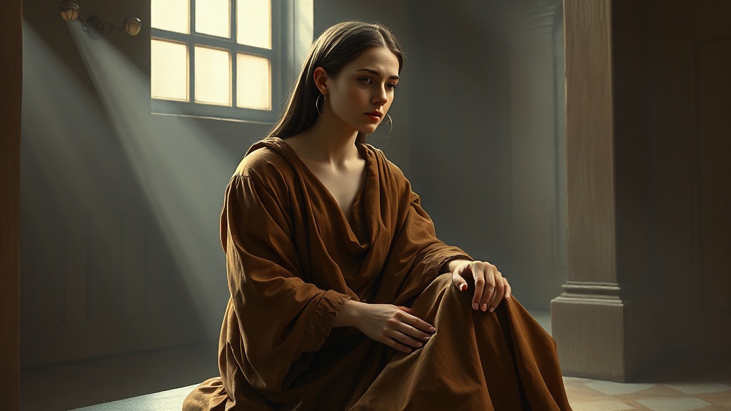 Contemplative woman at threshold of home and public life