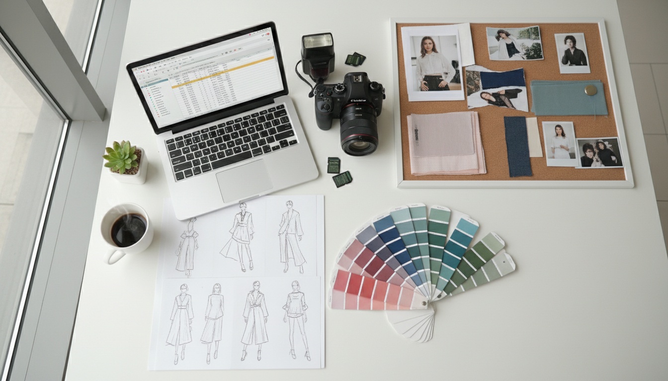 Professional fashion photoshoot setup showing expensive equipment and studio