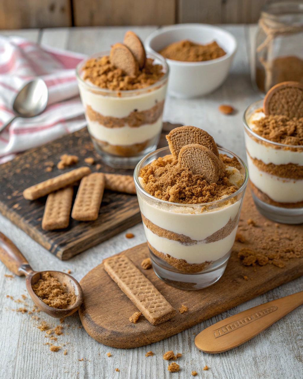 Speculoos toetje in een glaasje ingredients arranged on marble surface with golden cookie crumbs and cream