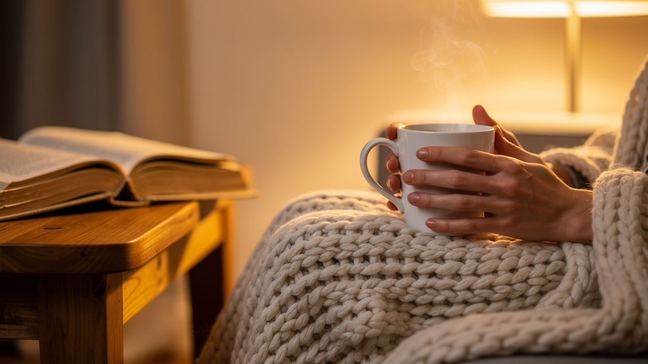 Relaxing evening routine with warm beverage and calm atmosphere