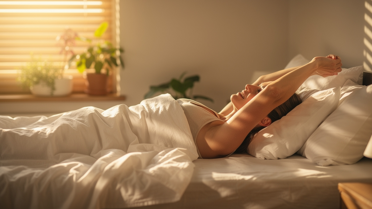 Person waking refreshed after quality sleep with glycine