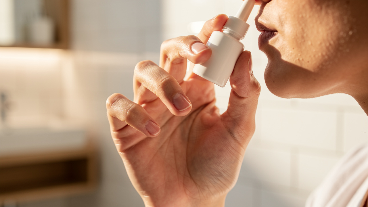 Person using nasal spray for daily wellness routine