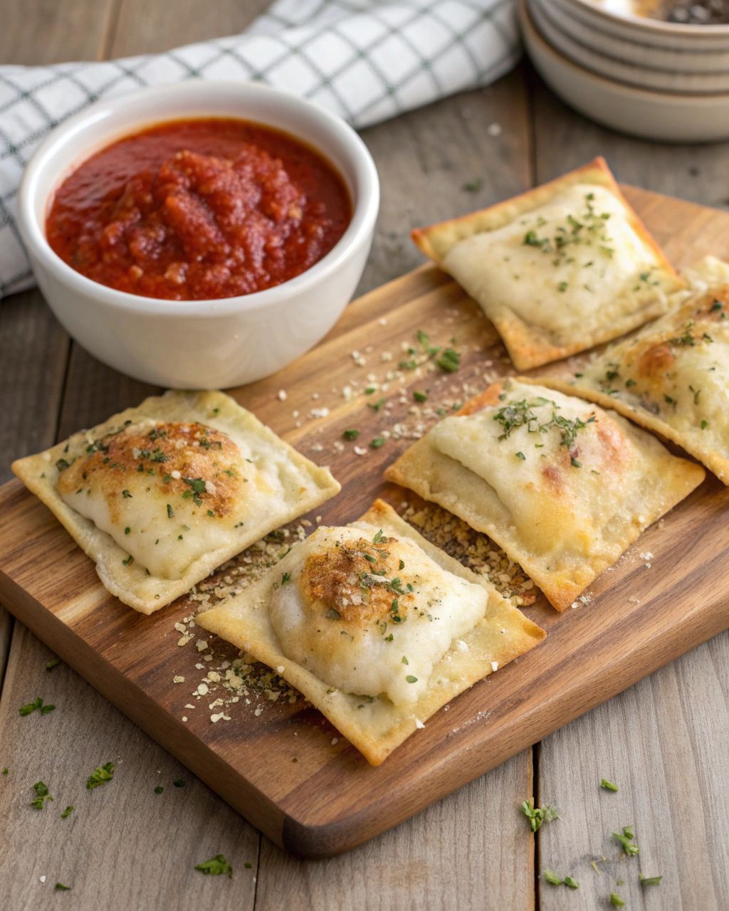 Fresh ingredients for homemade cheesy pizza rolls including mozzarella, provolone, parmesan cheese, marinara sauce, herbs, and wonton wrappers arranged on a wooden cutting board