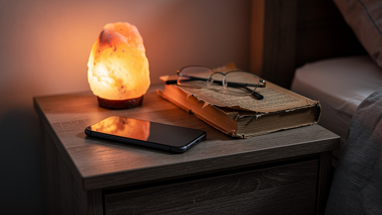 Phone placed away with warm lighting for better sleep