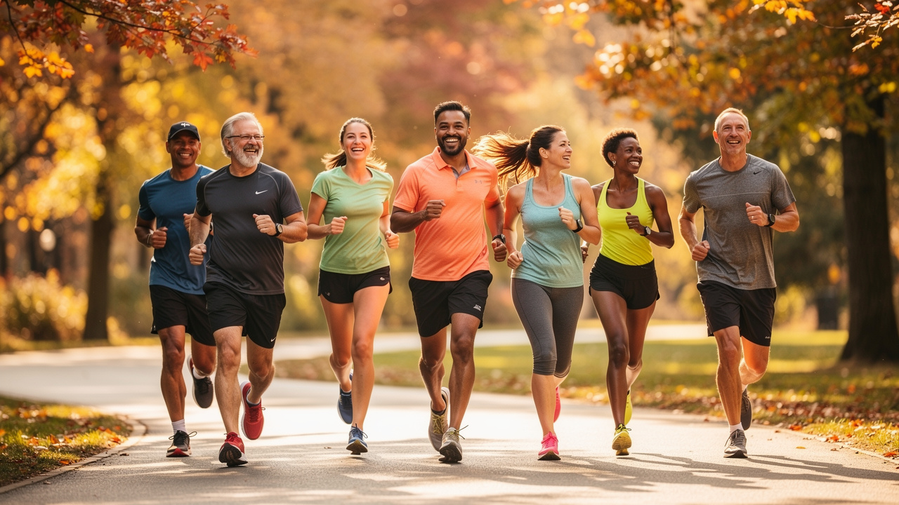 Active adults jogging together with energy and vitality