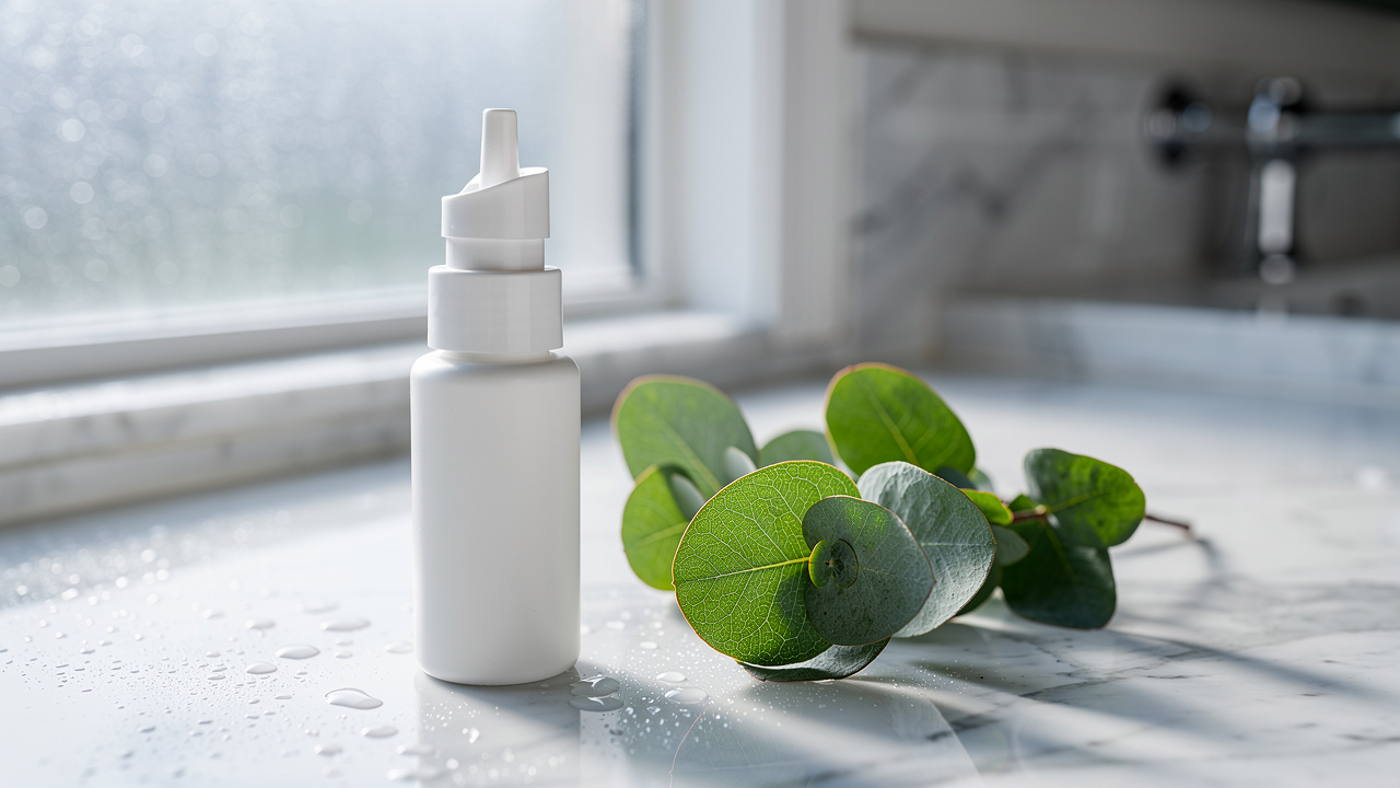 Nasal spray bottle on marble counter with eucalyptus
