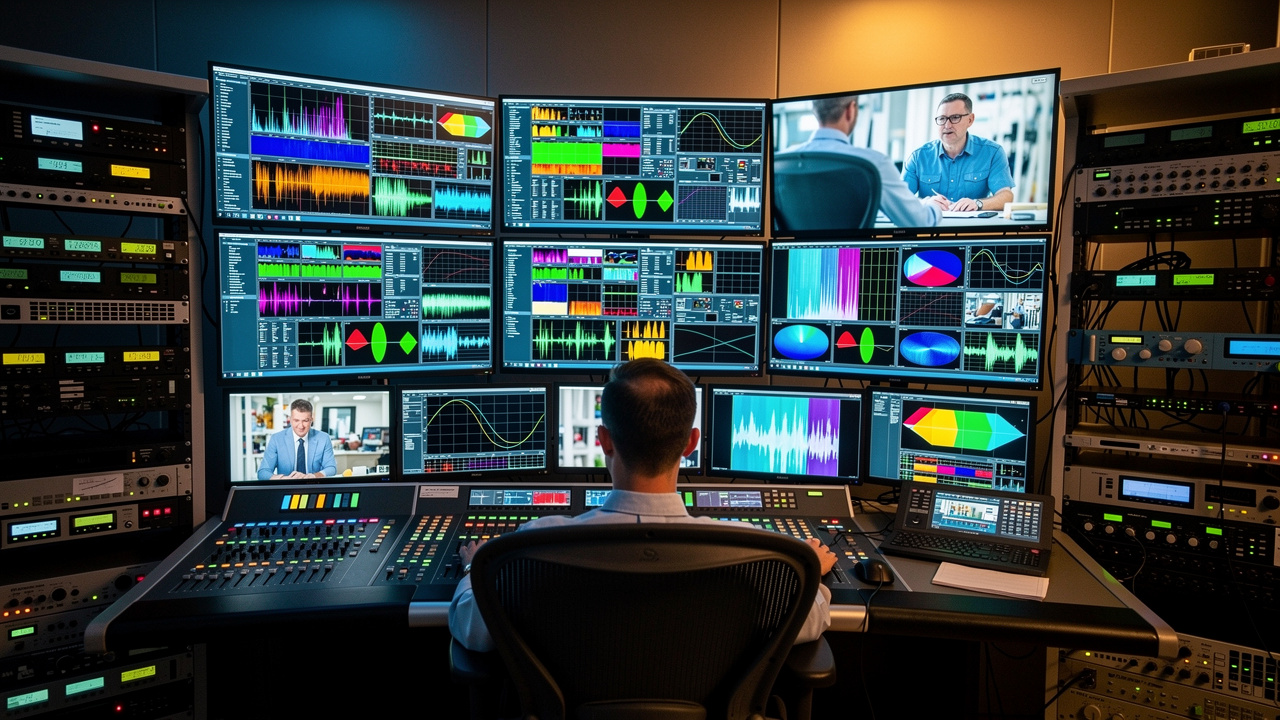 Broadcast engineer monitoring satellite transmission signals