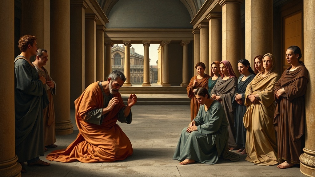 Renaissance-style tableau of authority and repentance