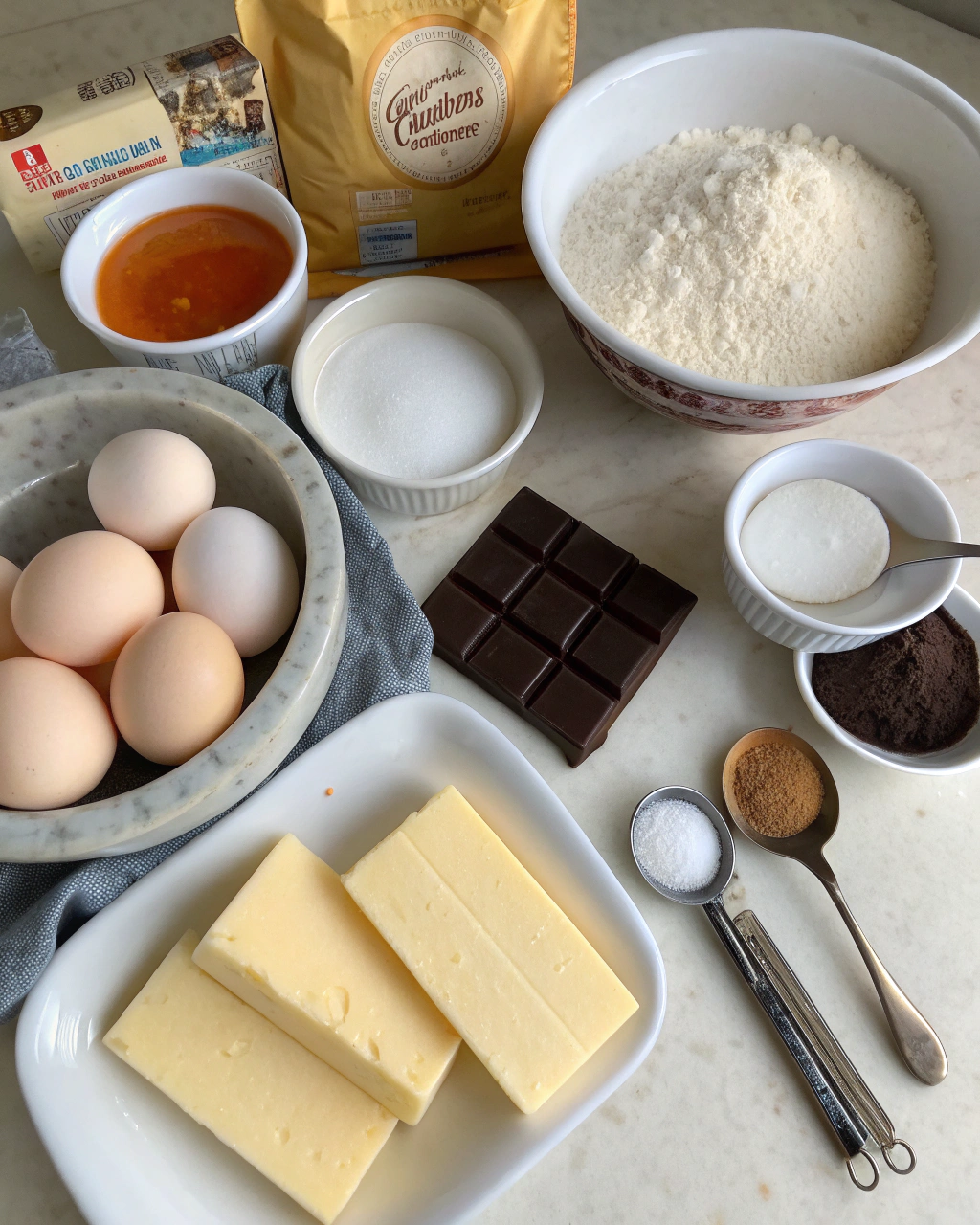 Boston Cream Pie ingredients laid out including eggs, flour, sugar, chocolate, and cream on a marble counter