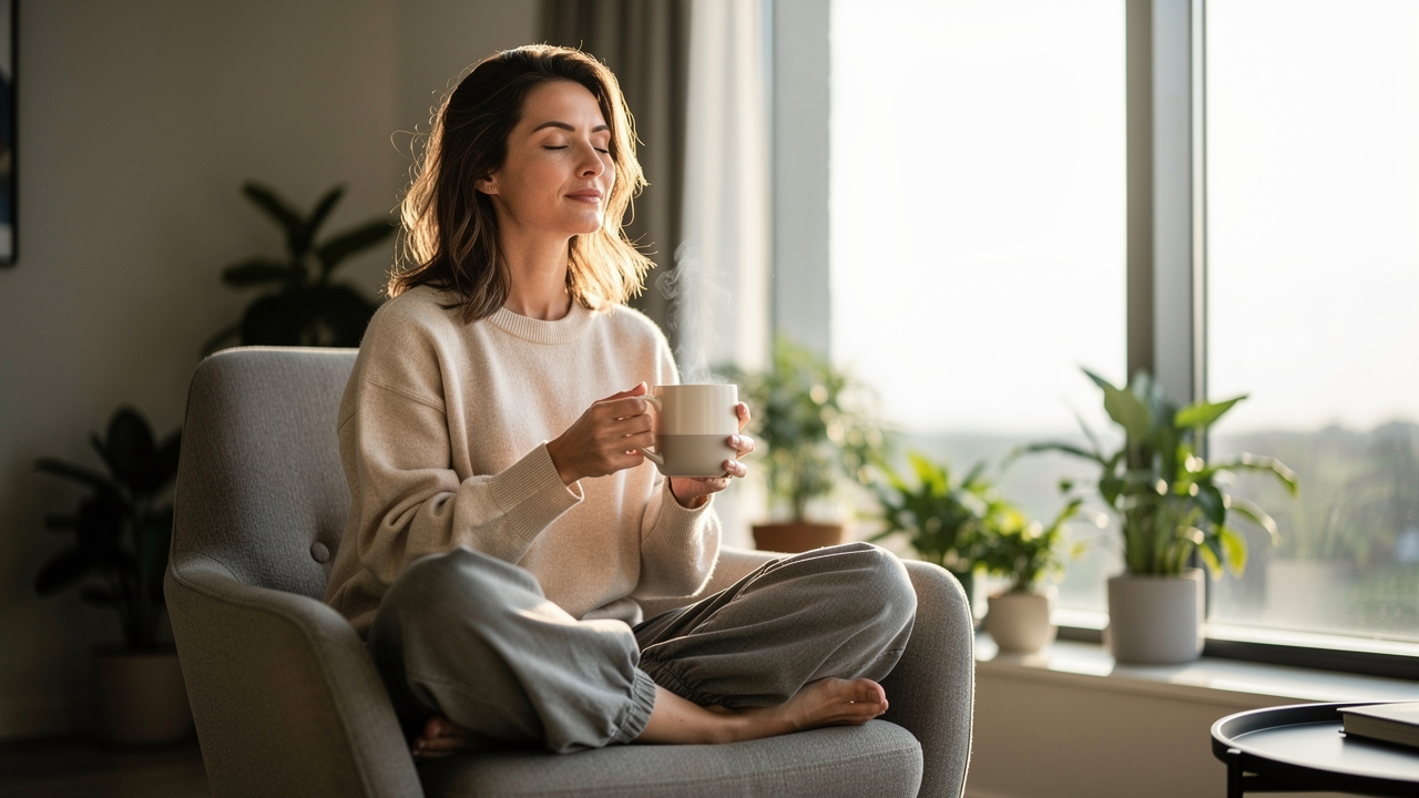 Woman in peaceful meditation with tea