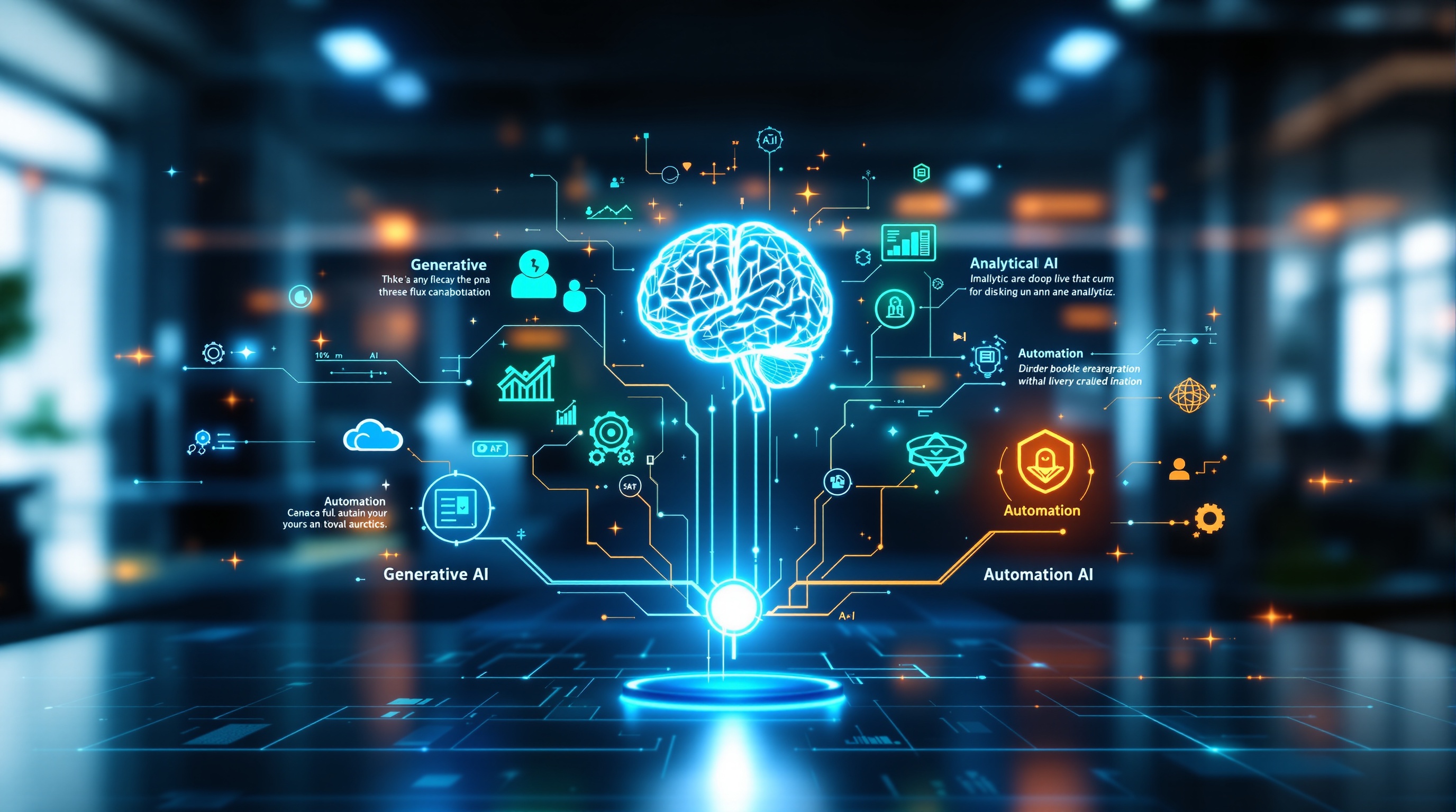 Infographic illustrating Generative, Analytical, and Automation AI categories connected to a digital brain.