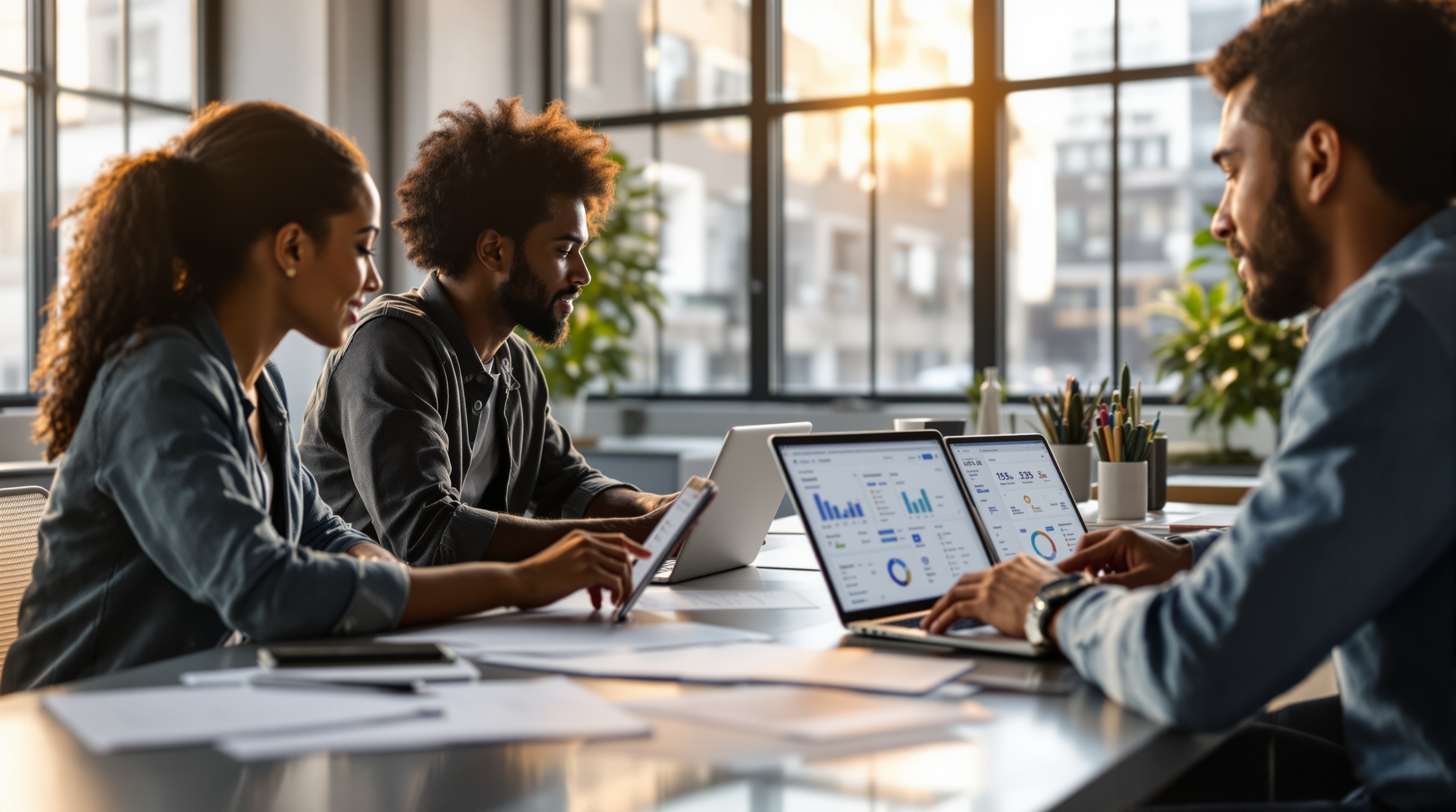 Professionals comparing AI tools on laptops with dashboards, pricing tables, and integration charts in a modern workspace.
