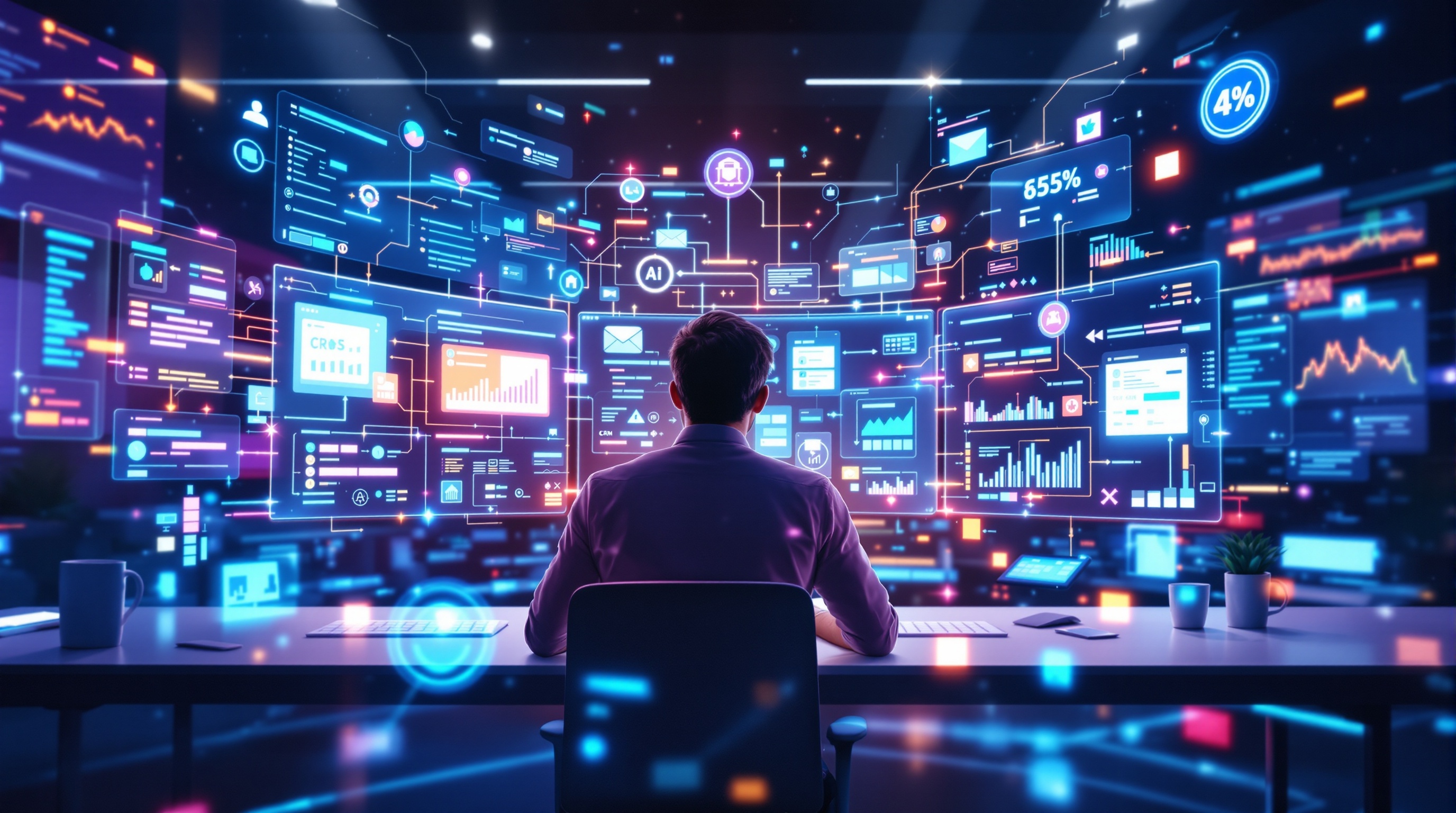 AI-driven marketing automation dashboard interface showing workflow triggers and actions in a futuristic workspace