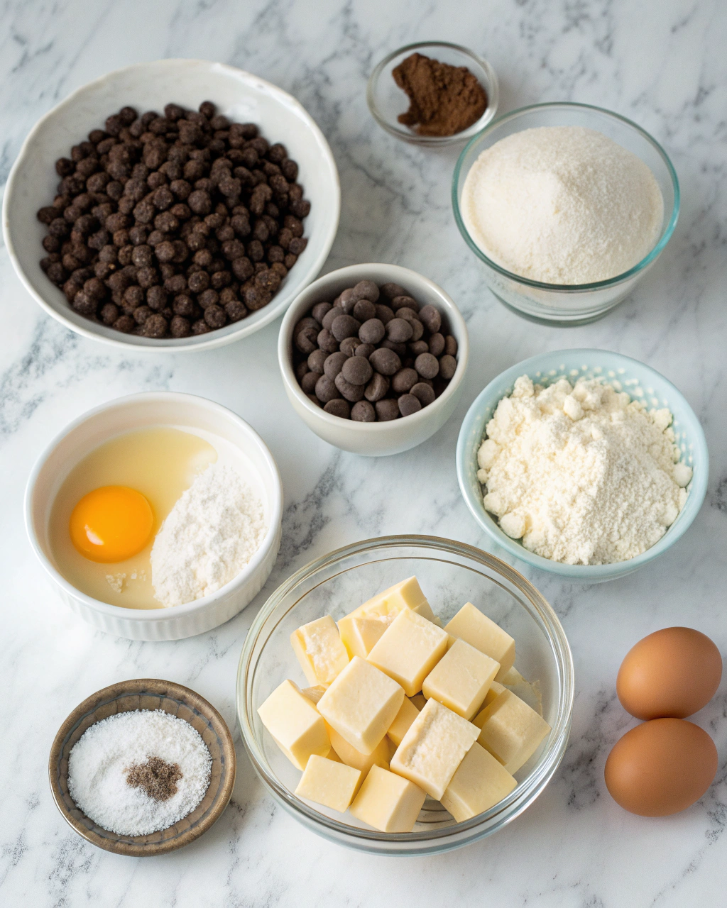 Ingredients for Chocolate Chip Cookie Dough Brownies arranged on marble counter with measuring cups and bowls