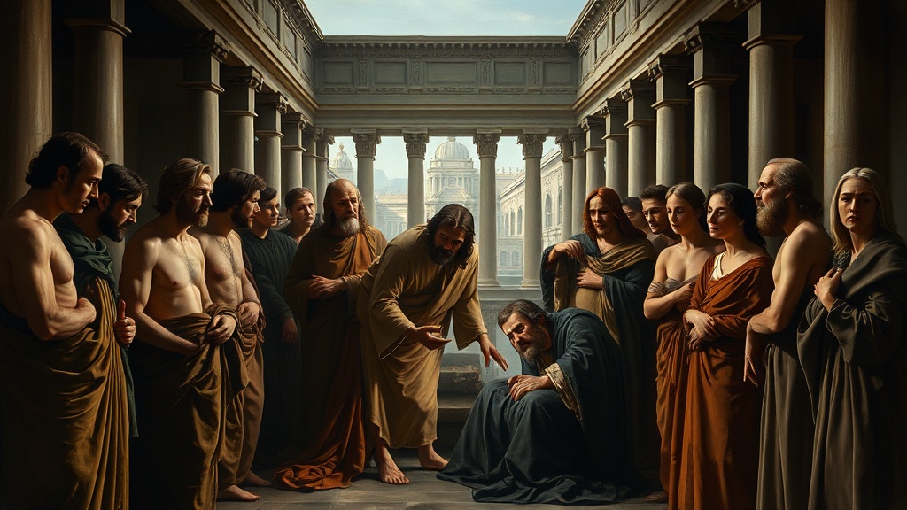 Allegorical scene of compassion and discernment