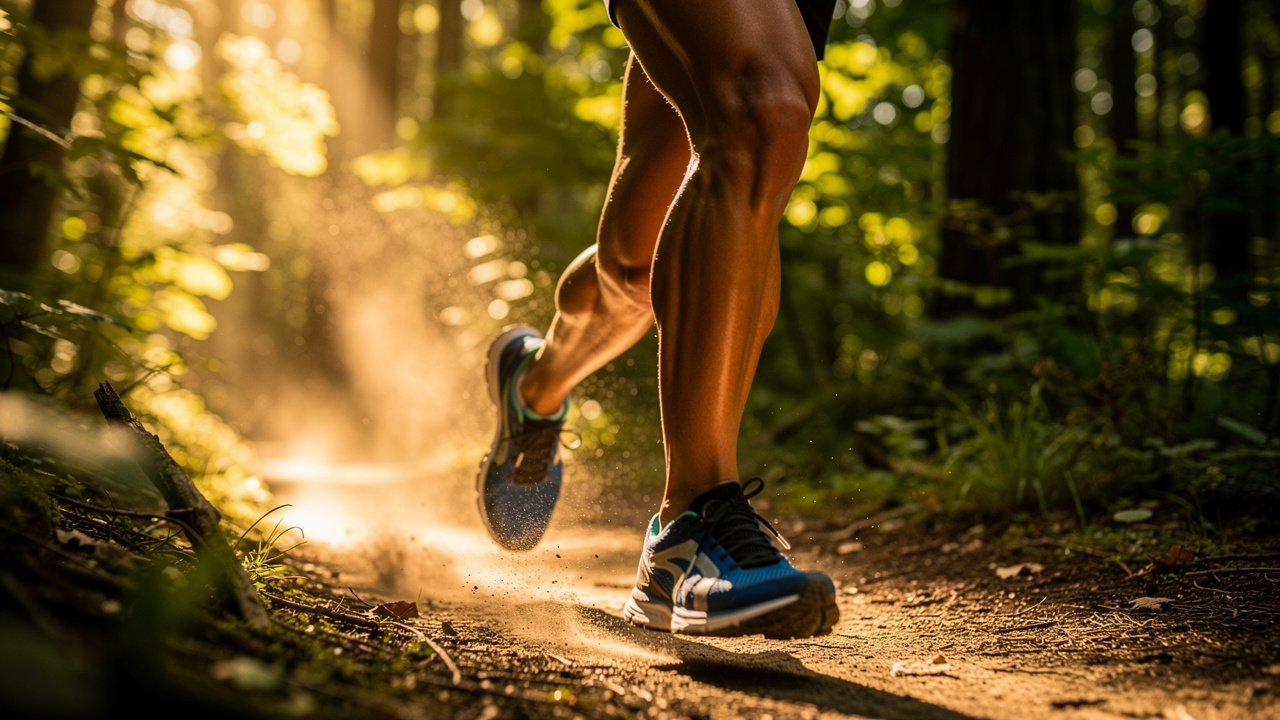 Athlete running showing muscular leg definition and movement