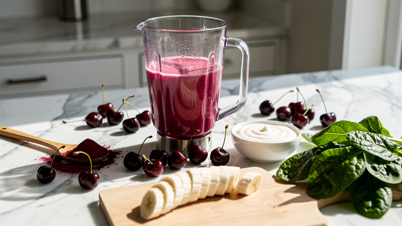 Blender with tart cherry smoothie and fresh ingredients