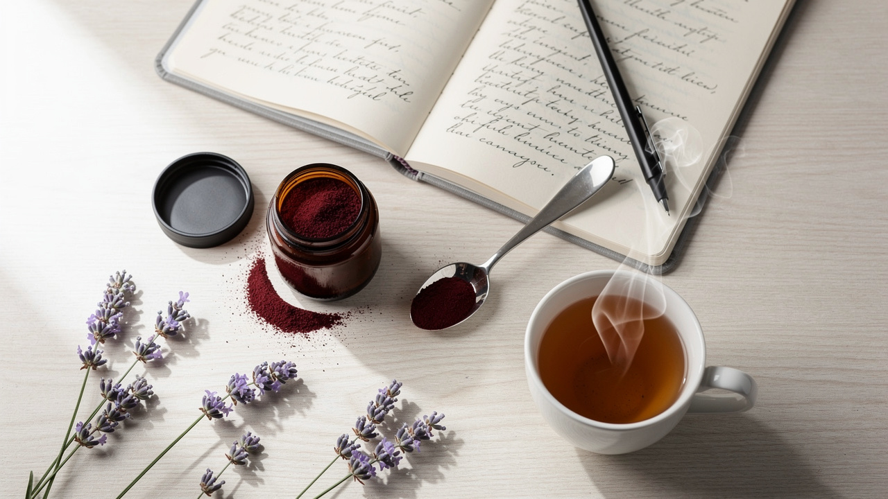 Wellness flat lay with tart cherry powder and routine items