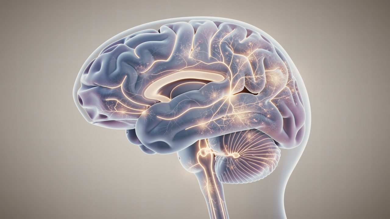 Brain visualization showing calm neural pathways and balanced nervous system