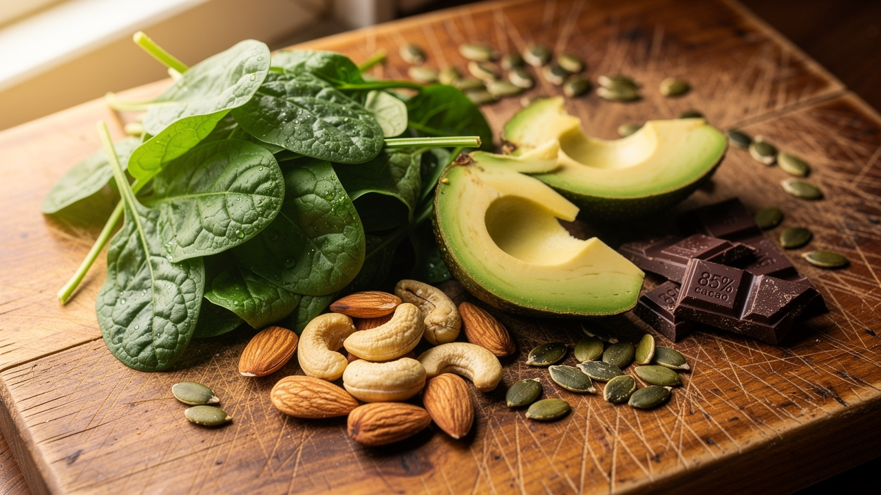 Variety of magnesium-rich whole foods including nuts, seeds, and leafy greens