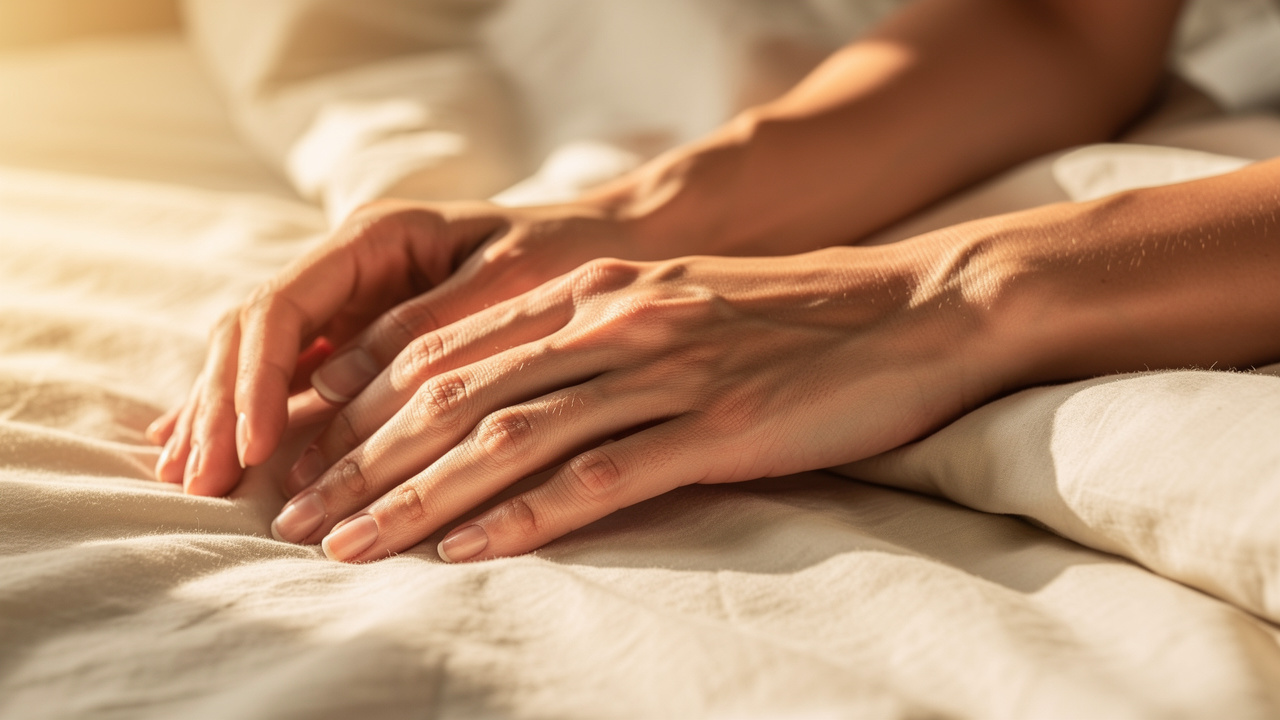 Relaxed hands resting on soft bedding showing physical ease