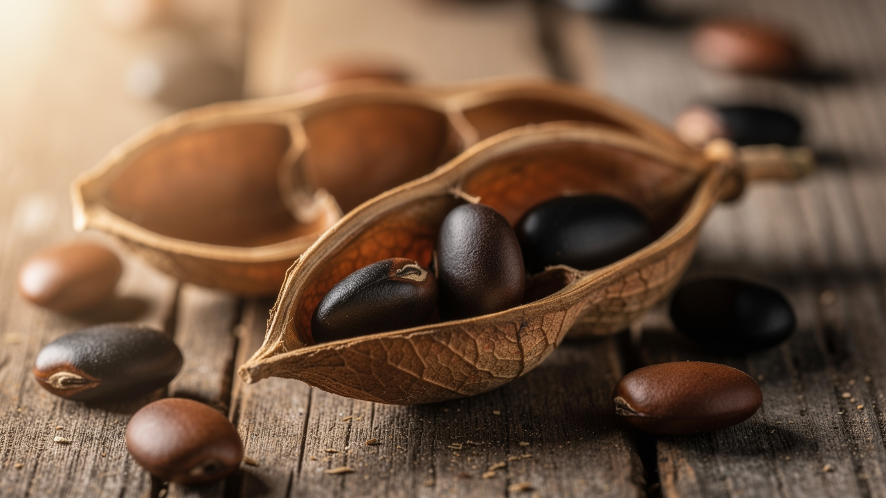 Griffonia simplicifolia seeds on wooden surface in natural light