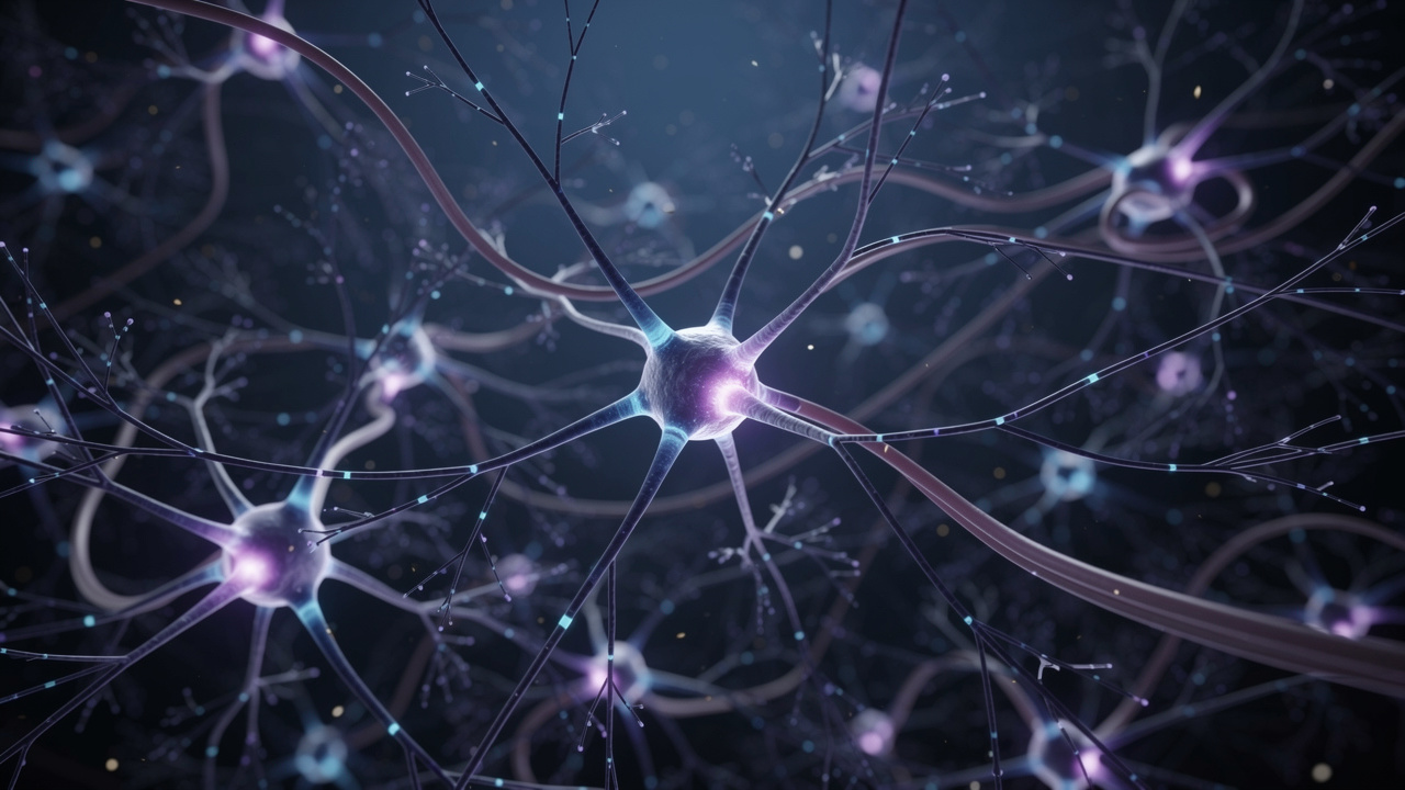 Brain neurons with glowing neurotransmitter pathways and synapses