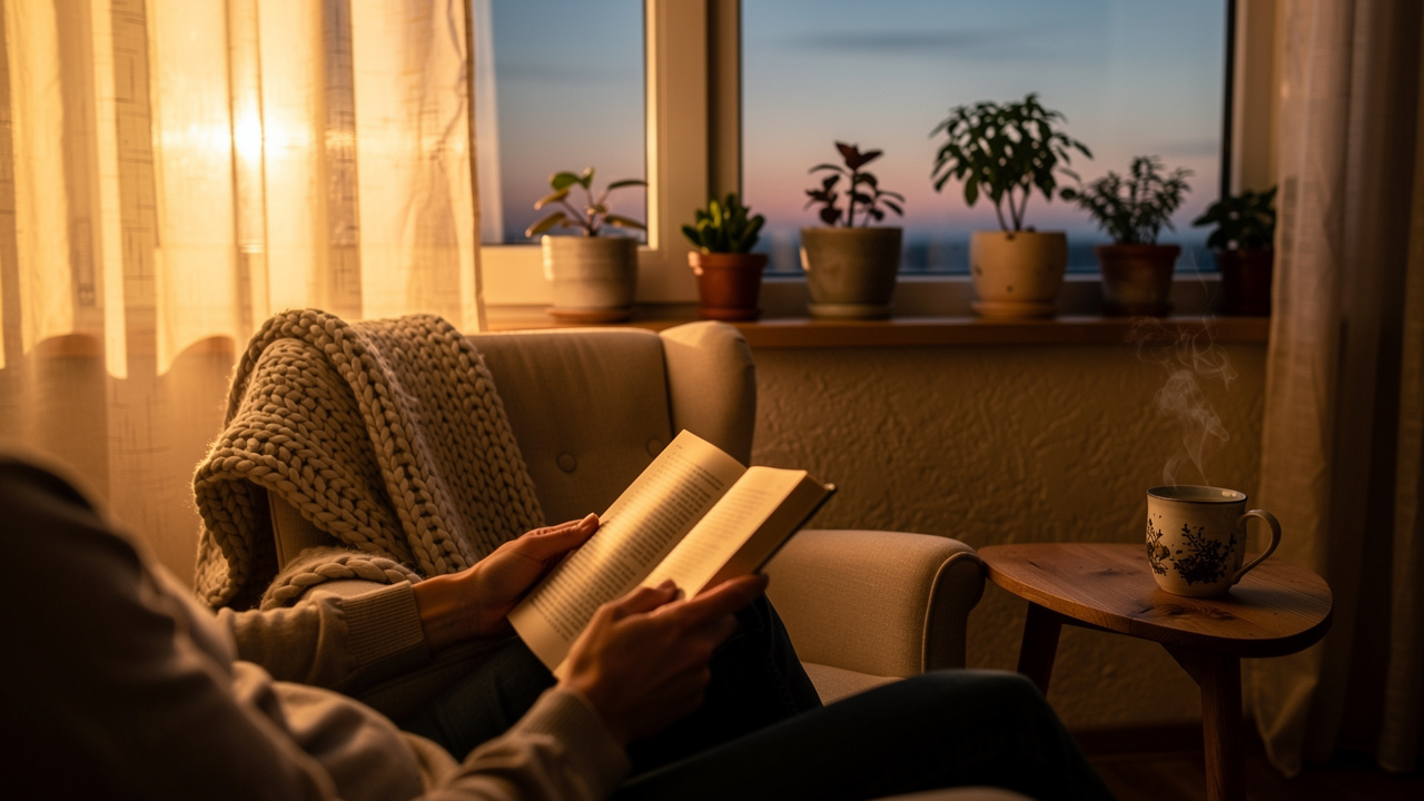 Relaxing evening routine with reading and herbal tea