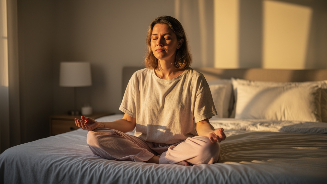Woman practicing peaceful evening relaxation routine before sleep