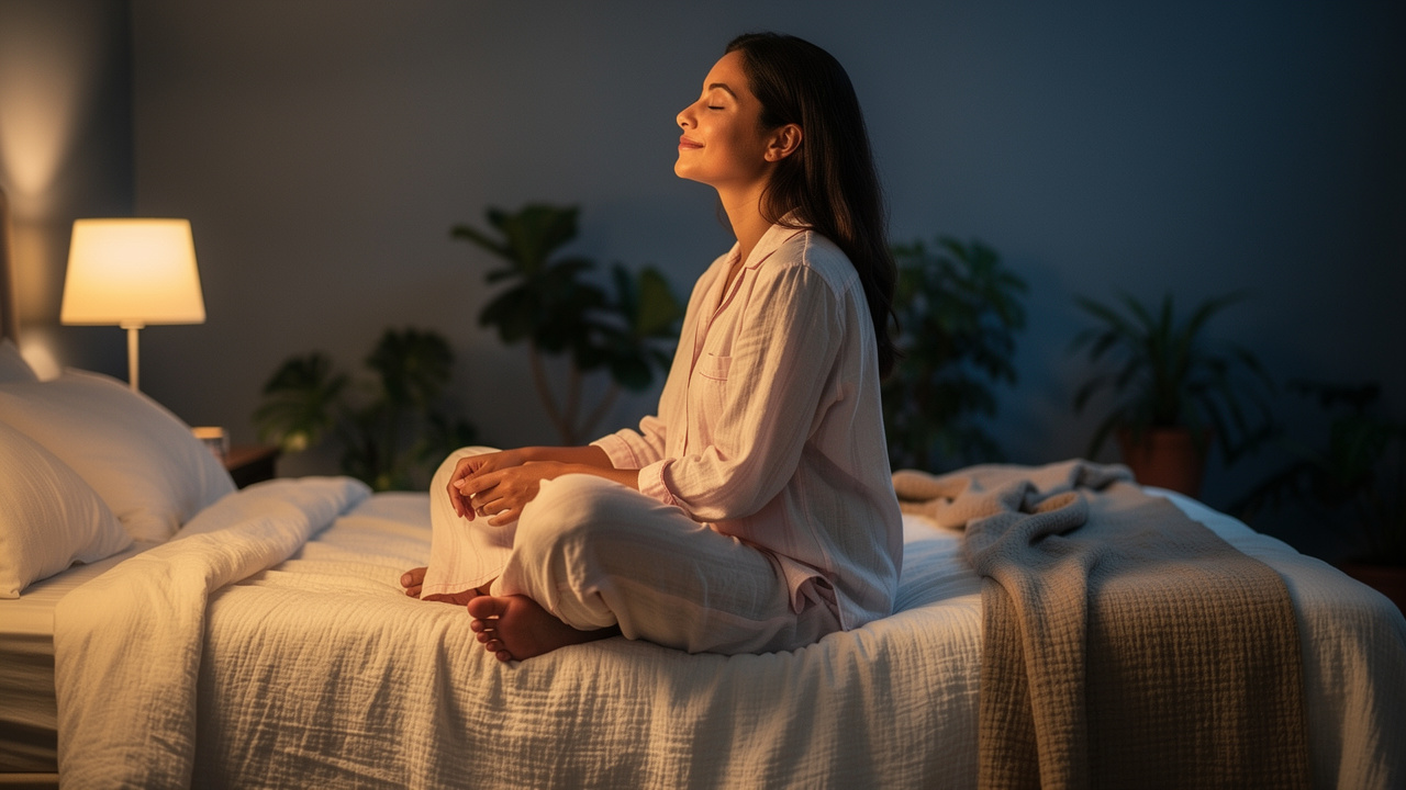Woman peacefully preparing for sleep in calm bedroom