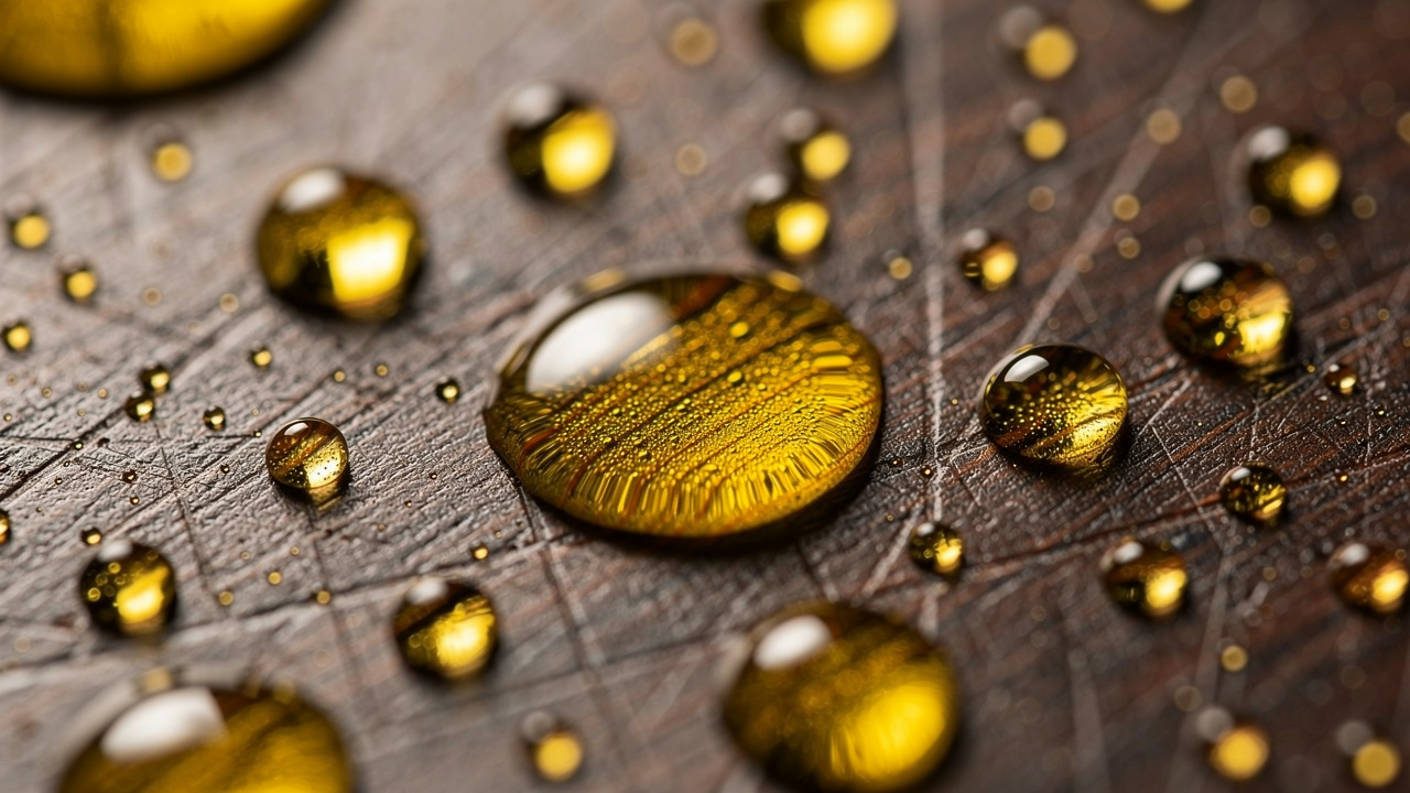 Olive oil droplets showing natural fatty acid composition