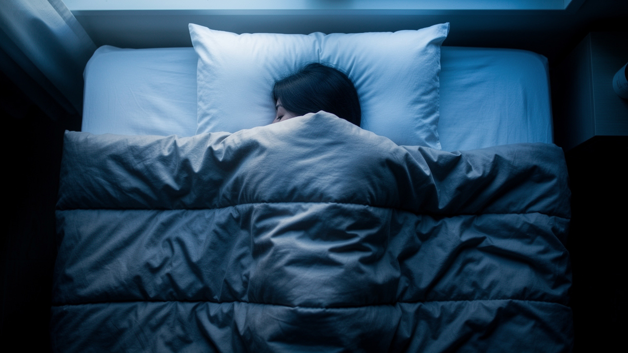 Person in deep uninterrupted sleep under cozy bedding