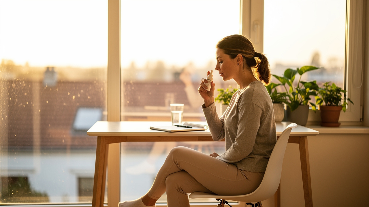 Woman using nasal spray in morning wellness routine