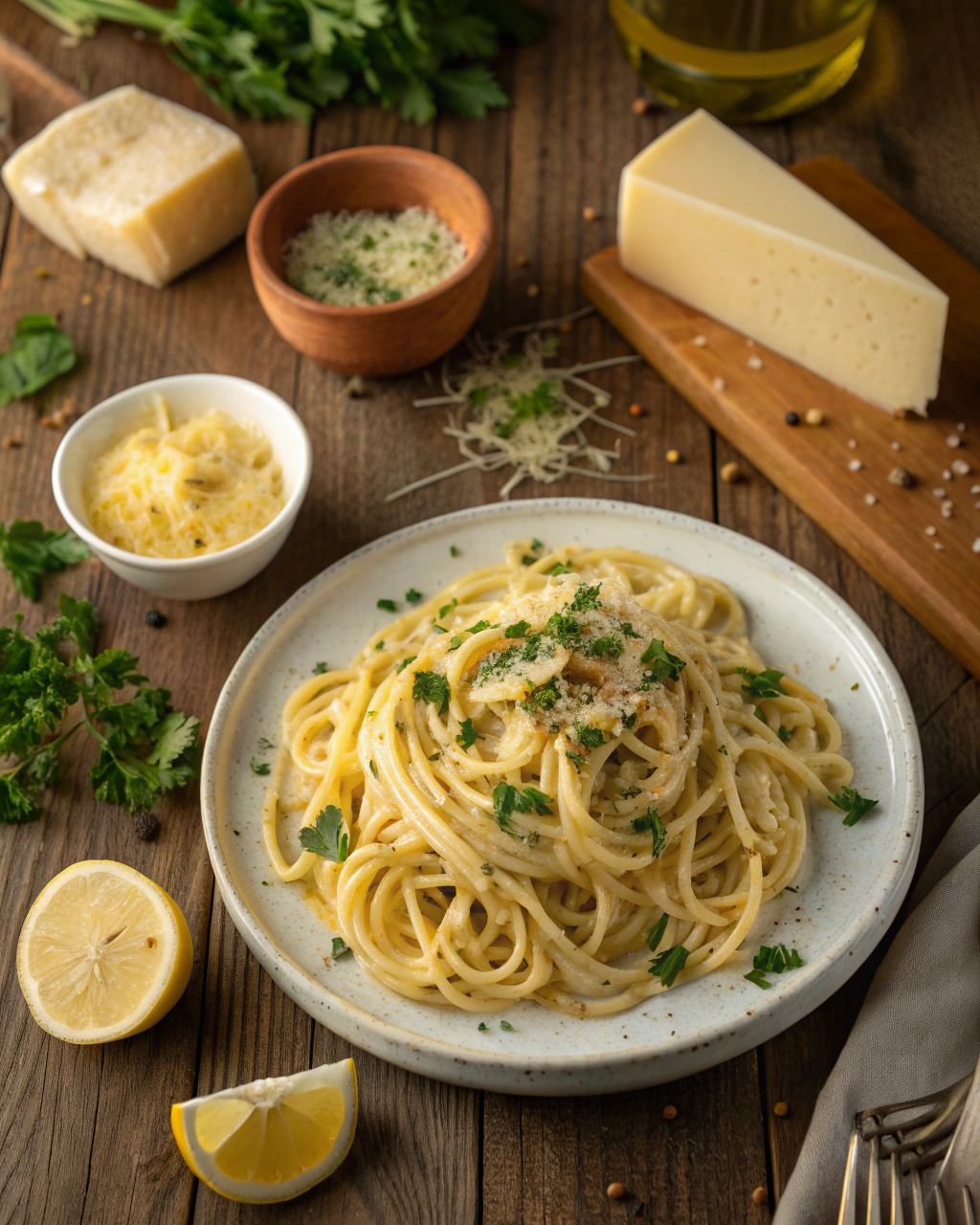 Fresh ingredients for Cowboy Butter Spaghetti including softened butter, fresh herbs, spices, cream, and spaghetti noodles arranged on a wooden cutting board