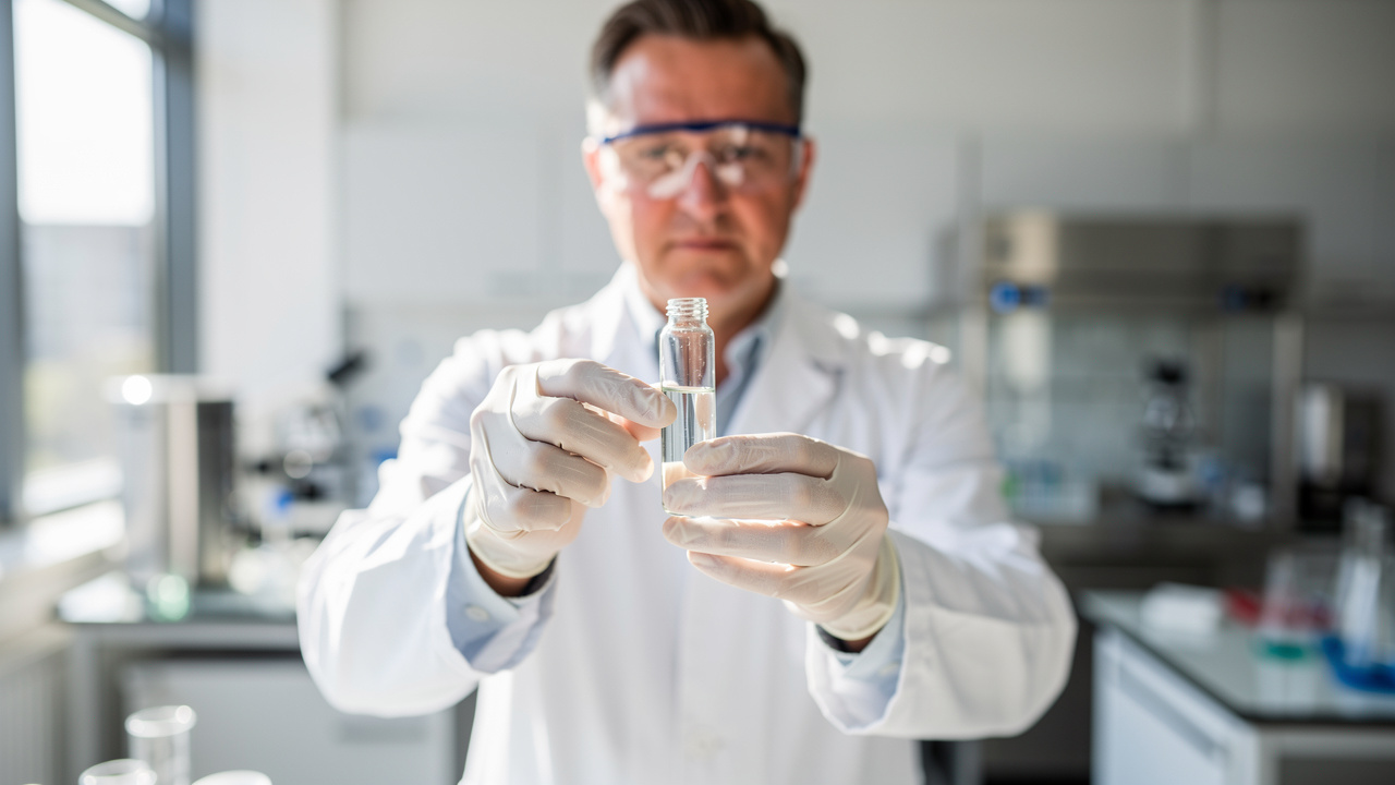 Scientist examining glutathione sample in clinical laboratory
