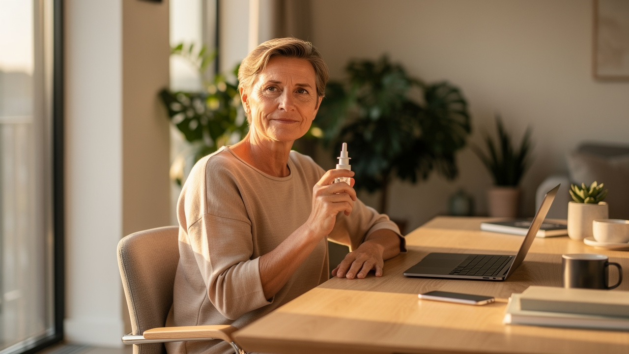 Person self-administering nasal spray at home