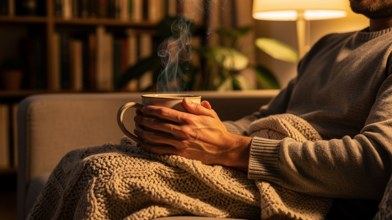 Person relaxing with warm beverage in evening