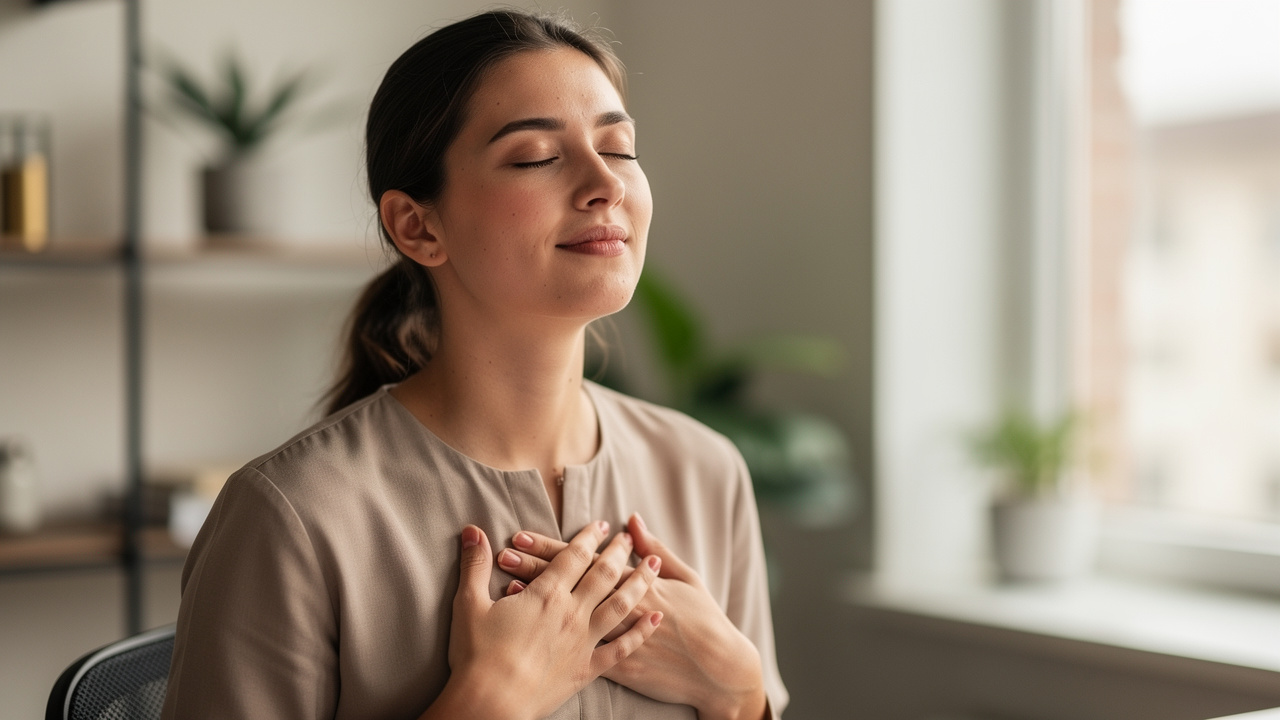 Woman practicing mindfulness at work desk