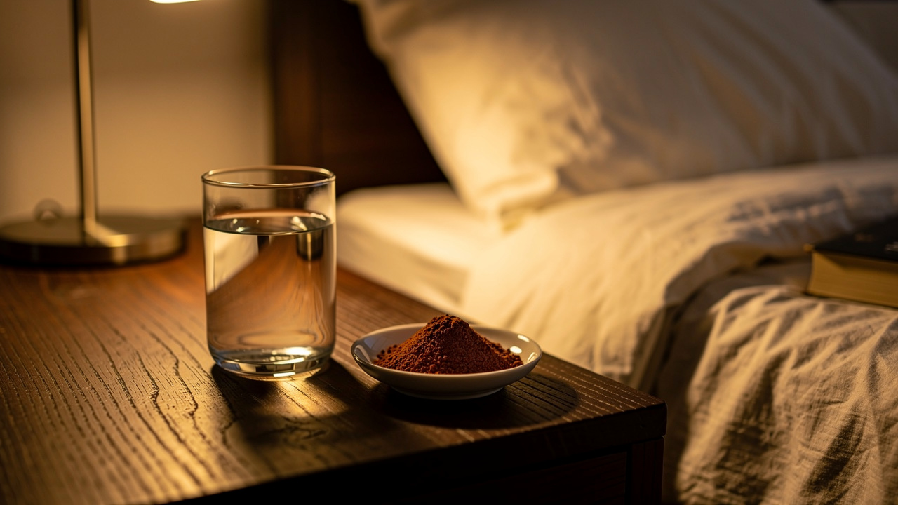 Reishi supplement on bedside table at night