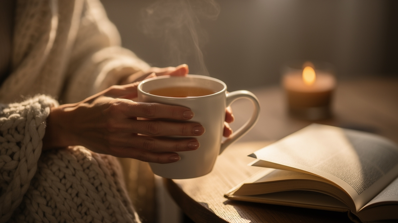 Hands holding warm tea during evening relaxation ritual