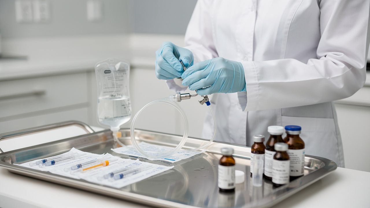 Medical professional preparing glutathione IV infusion in clinic