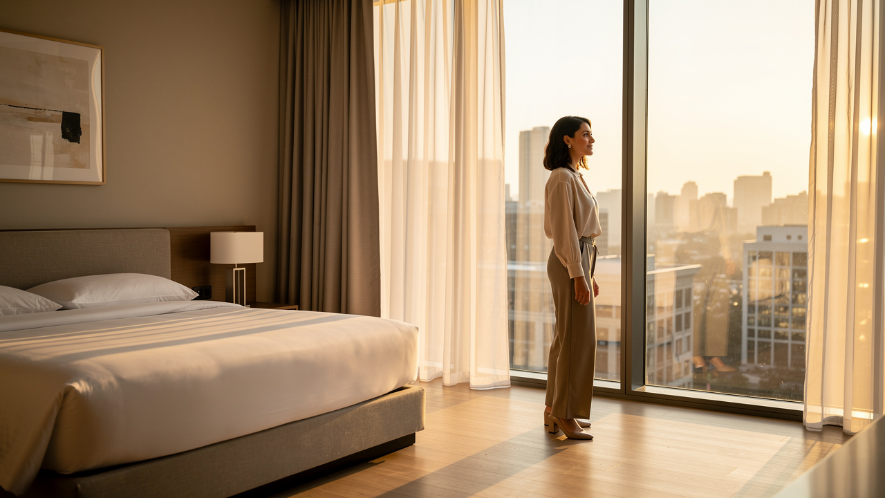 Traveler getting morning sunlight exposure after arrival