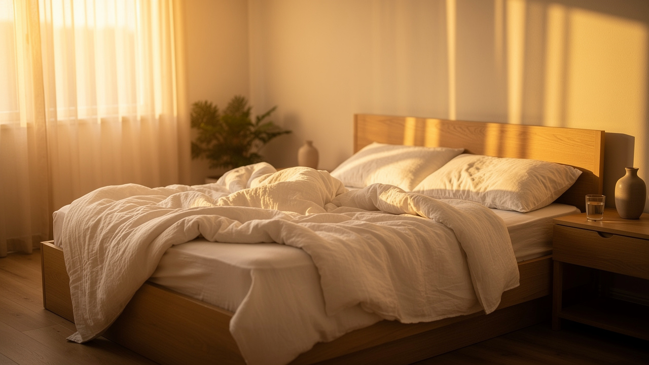 Serene bedroom bathed in golden light