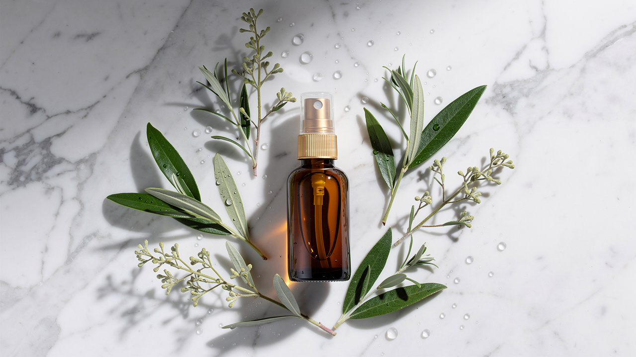 Wellness spray bottle with natural botanical elements