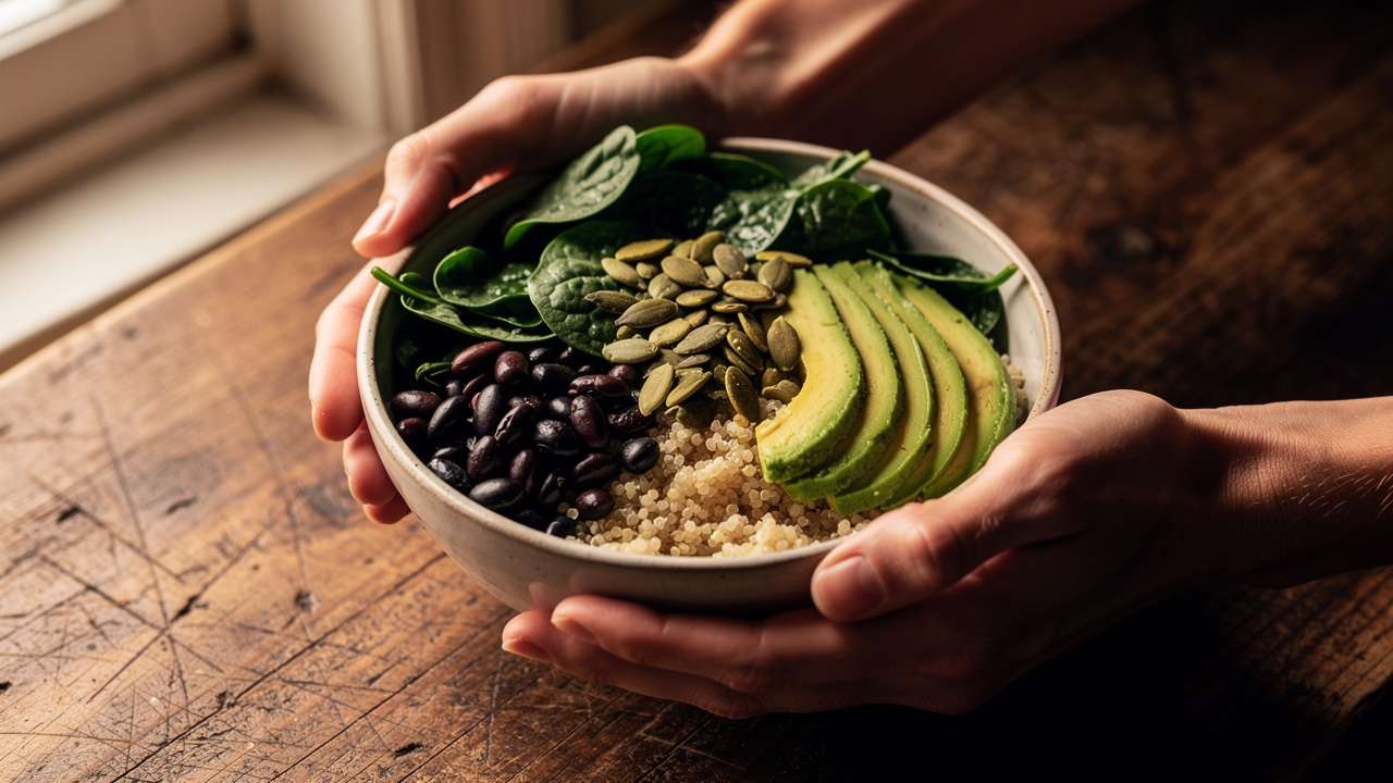 Bowl of magnesium-rich whole foods for sleep