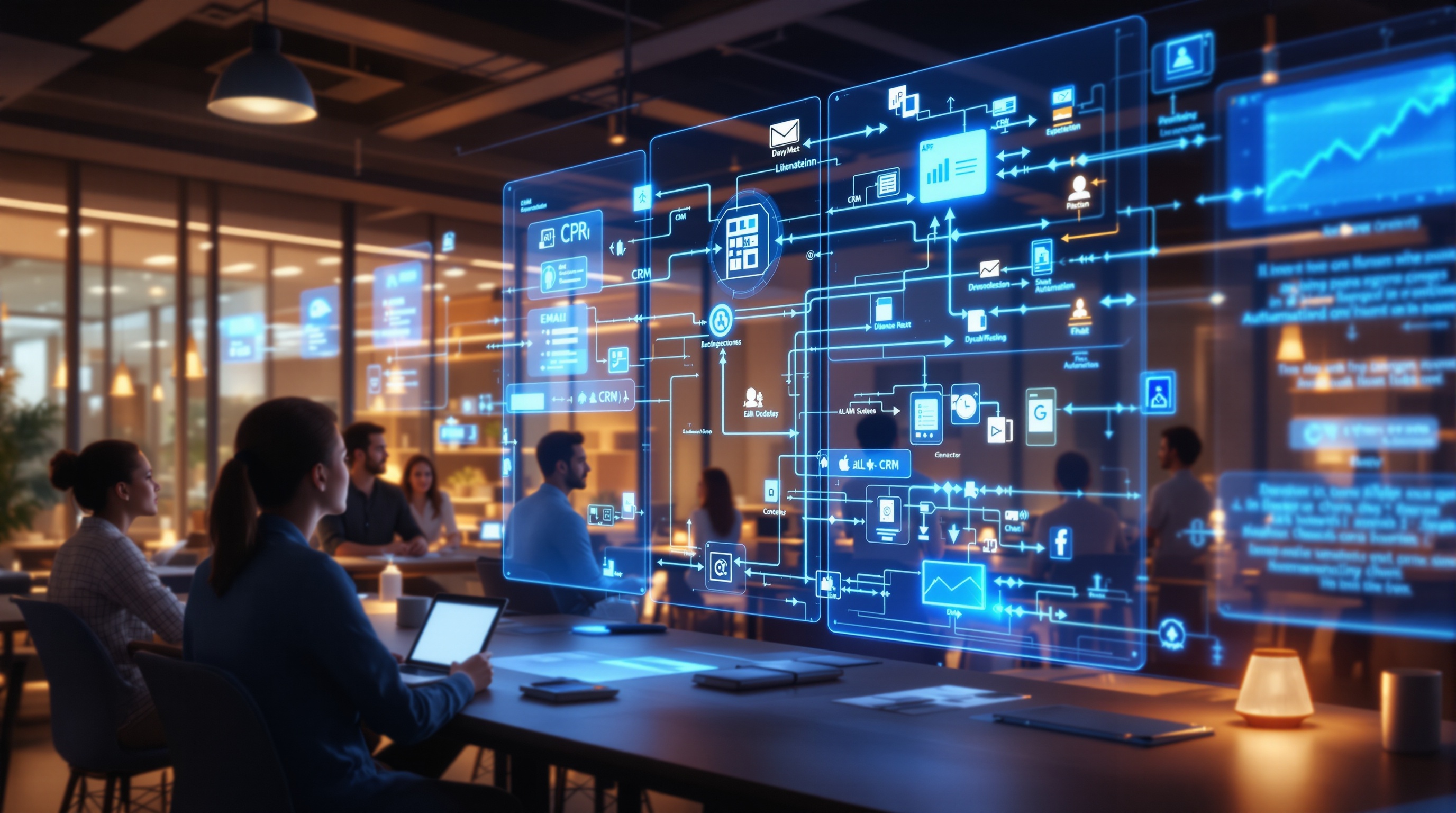 Cinematic digital illustration of an office where AI automates repetitive tasks via holographic workflows between apps and systems